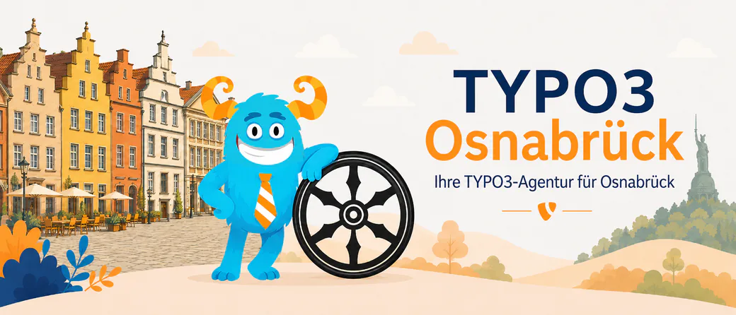 TYPO3 Agentur Osnabrück — das t3monster-Maskottchen mit dem Osnabrücker Rad vor der Altstadtkulisse