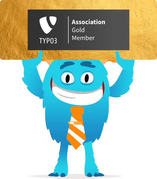t3monster-Maskottchen hält das Gold-Member-Schild der TYPO3 Association hoch