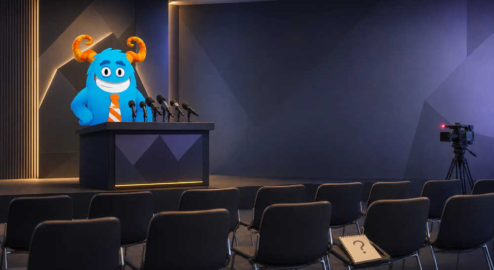 Das t3monster gibt eine Pressekonferenz vor leeren Stuhlreihen — die Fragen stellt hier niemand